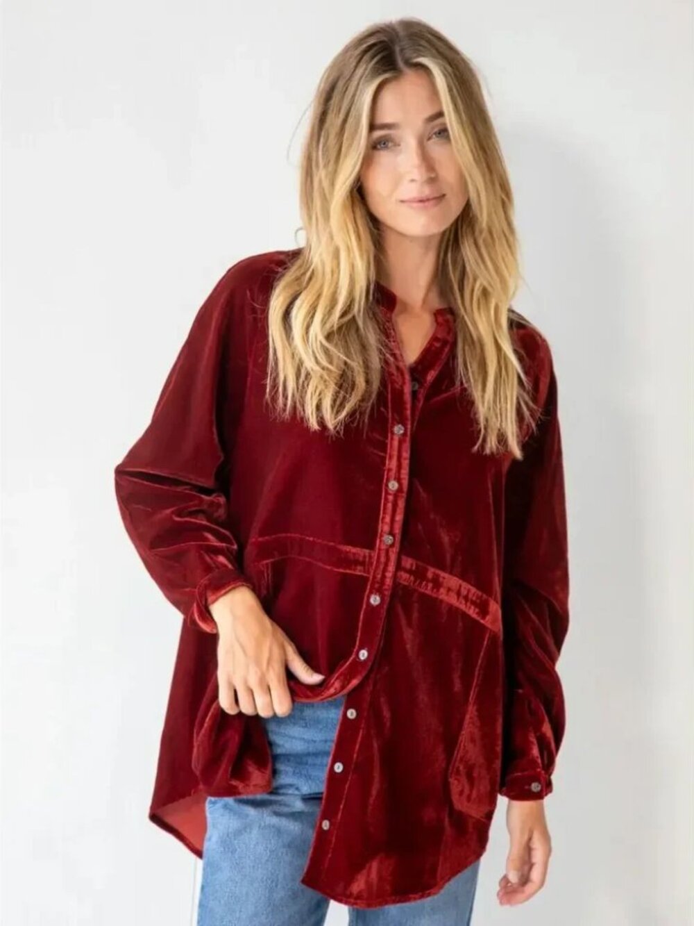Natural Life Womens M Tunic Velvet Barn Rust Red Button Laid Back Shirt Shacket